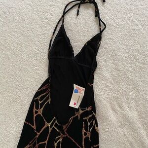 Black Sexy Halter Dress with Metallic Rose Gold Web Detail